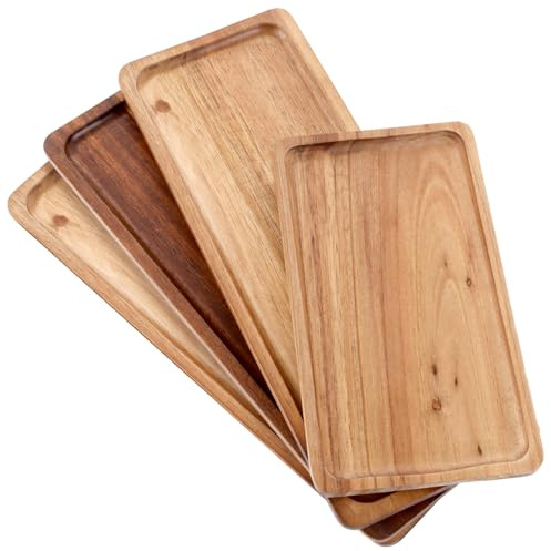 LDXDRU 4er Set Dekotablett Holz, Deko Tablett Holz Rechteckig aus Akazienholz, Tablett Serviertablett Klein, Holztablett Deko Rechteckig für Dessert Kosmetik Schmuck Kerzen(29x11CM, 19x11CM)