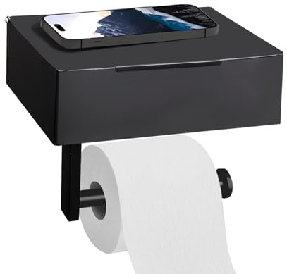DOKKOME Toilettenpapierhalter Schwarz Klopapierhalter Ohne Bohren Klorollenhalter Rollenhalter Toilet Paper Holder mit Feuchttücherbox Ablage für Badezimmer Selbstklebend, Bohren