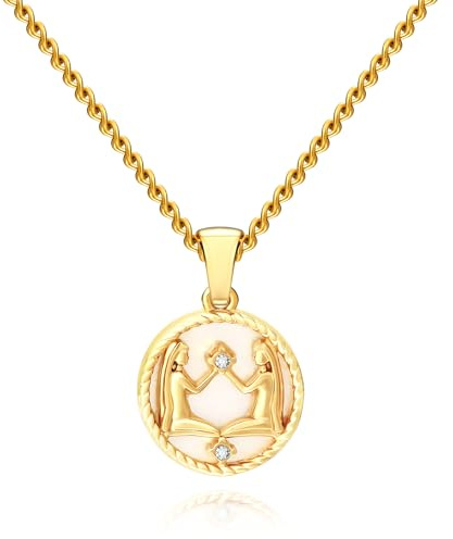 BONJOULRY Gold Zodiac Gemini Necklace for Women - 18K Gold Plated Coin Pendant with Birthstone, Dainty Astrology Charm Necklace, Perfect June Birthday Gifts for Gemini