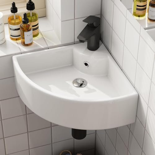HOROW Lavandino bagno piccolo con bordo sottile, mini lavabo sospeso per ospiti ceramica, montaggio a parete con foro per rubinetto, lavabo sospeso, 46 x 31 cm