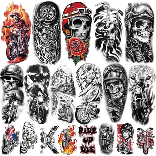 77 fogli tatuaggi temporanei, 17 fogli tatuaggi finti meccanici a mezzo braccio moto teschio fiamma e fiore per adulti spalle collo, 60 fogli di piccoli tatuaggi temporanei per uomini donne e bambini