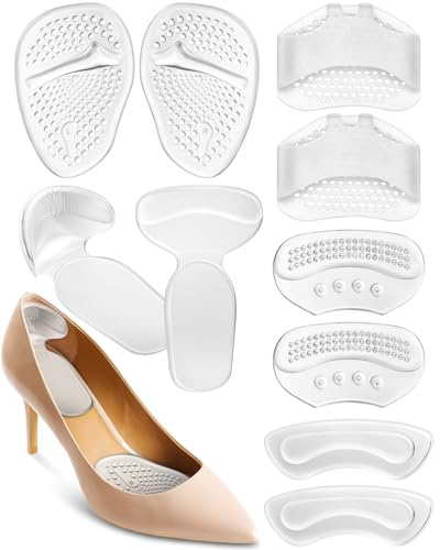 Snqqmtt 10PCS High Heel Comfort Pad Inserts, Silicone Shoe Cushion Insoles Heel Grips Liner Metatarsal Pads for Women Shoes Too Big, Prevent Rubbing Blisters, Self Adhesive, Clear