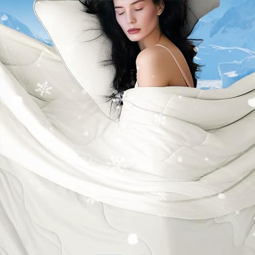 DOWNCOOL Cooling Comforter Queen Size, Cream White Cooling Blanket for Hot Sleeper, Lightweight & Breathable Blanket for Night Sweats,Dual-Side Cooling Summer Bedding,90X90