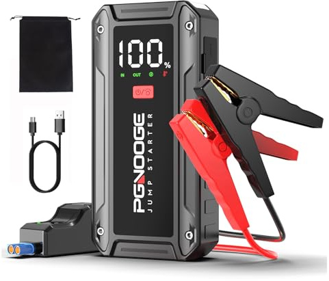 PGNOOGE 26800 mAh 6000 A Startkablar för Bilbatteri (Upp till ALL Bensin/10 L Diesel), 12V Batteristartare med Kraftstartknapp och USB-utgång, Stor LCD-skärm,