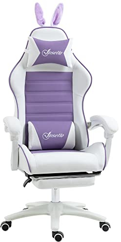 Vinsetto Gaming Stuhl mit Lendenwirbelstütze Fußstütze Kopfkissen Violett | Ergonomischer Gamer Stuhl, Gaming Sessel mit Hasenohren, Bürostuhl mit Verstellbare Rückenlehne Liegefunktion