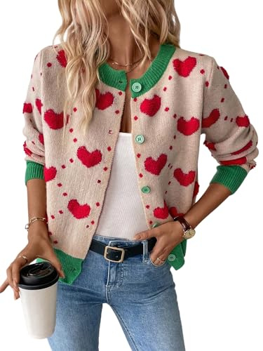 GORGLITTER Cárdigan para mujer con estampado de corazones en la parte delantera abierta chaqueta de otoño Outwear Jersey fino suéter de punto abrigo de invierno manga larga, beige, L