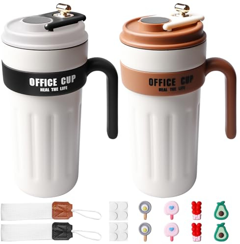 WIYETY Lot de 2 tasses à café à emporter isotherme 650 ml avec poignée, en acier inoxydable 316 avec affichage numérique pour café, thé, vin chaud, blanc noir + blanc couleur café