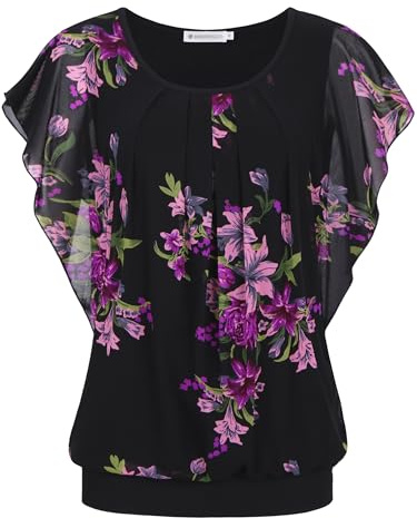 BAISHENGGT Womens Summer Mesh Short Sleeve Ladies Tops Crew Neck Pleated Front Casual T-Shirts Blouses Black-Purple 3XL