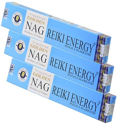NKlaus Räucherstäbchen Golden Nag Reiki Energy, 45 g gesamt, 3 Packungen | Handgerolltes Masala-Räucherwerk aus Indien; je 15 g, für Meditation und Yoga