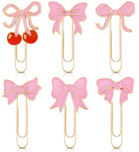 6 Stück Goldene Büroklammern mit pinken Schleifen - 6 verschiedene süße Design-Büroklammer für Mädchen - Coquette Deko fürs Büro, Geschenk, Weihnachten, Geburtstag, Party