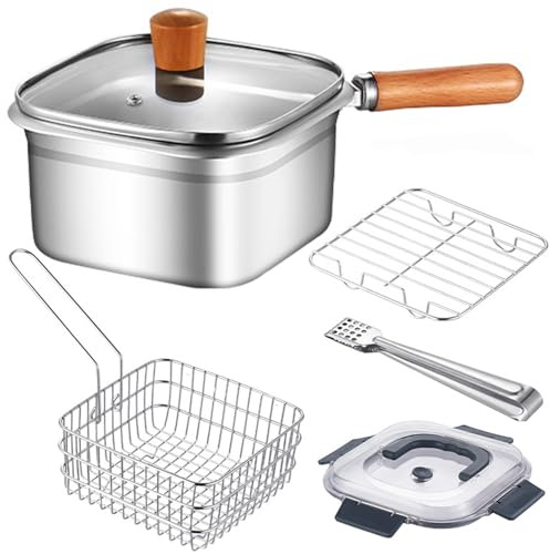 Olla para freír con mango de madera, juego de ollas para freidora de acero inoxidable con cesta coladora, tapa transparente, pinzas para alimentos y rejilla para freír pescado, camarones, pollo y pap