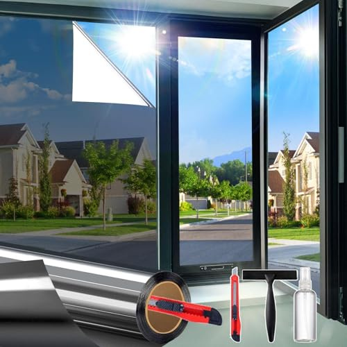 One Way Window Privacy Film See Out Not in, Window Tint for Home, Reflective Mirror Glass Windows Coverings Sun Heat UV Blocking, Black-Silver, 23.6 Inch x 157.4