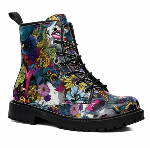 Maimeili Women Printed Ankle Boots with Flower Dragon Flower Graffiti Pattern Cookie Stylish Floral Platform Lace-up Leather Combat Booties Casual Everyday Party Halloween Christmas