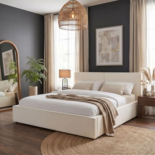 IDIMEX Polsterbett Calm gepolstert 180x200cm, Cremeweiß – modernes Doppelbett in Leinenoptik inklusive Lattenrost, gepolsterter Bettrahmen mit Kopfteil