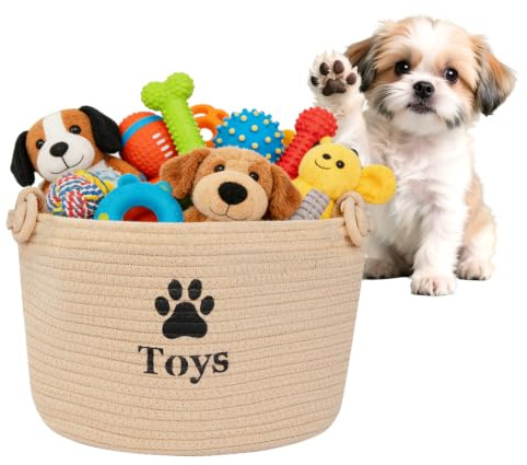 Jiayaus Dog Toy Basket, Round Cotton Rope Dog Toy Box | Woven Toy Storage Basket with Handles, Toy Organizer Bin for Dog Toys Blankets Leashes Clothing Pet Supplies, 30 x 30 x 22 cm