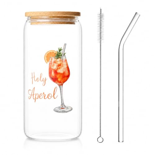 Dermalyx Set Di Bicchieri Aperol Spritz Estivi, Bicchiere In Vetro Borosilicato 500ml, Coperchio In Bambù Con Cannuccia, Accessori Aperol Per Decorazioni Festa, Holy Aper