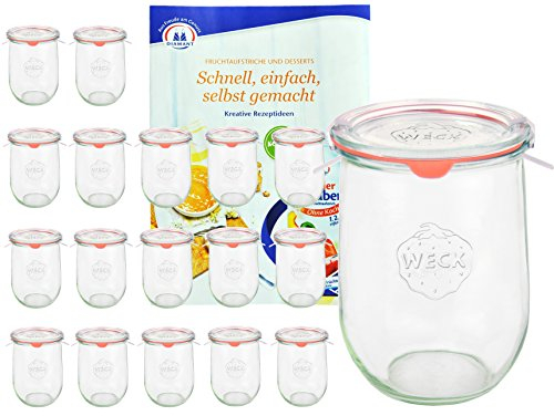 MamboCat 18er Set Weckgläser 1062 ml Tulpenform mit Deckel Einkochring Klammern I Original Weck Tulpenglas I Einweckgläser für Obst Gemüse UVM I inkl. Diamant-Zucker Gelierzauber Rezeptheft