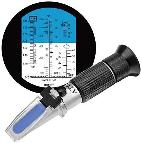 HHTEC 4-in-1 Frostschutz Refraktometer Ethylenglykol(G11,G12), Propylenglykol(G13), für Gefrierpunkt von Kühlwasser, Scheibenwasser, AdBlue, Batterie, Diesel exhaust fluid (DEF)