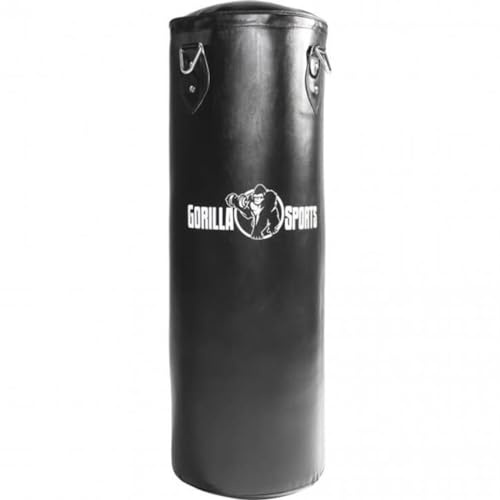 GORILLA SPORTS® Sac de Frappe - Rempli, avec Chaîne, 4 Mousquetons, Cuir, Acier, 27/37kg, 90cm/120cm, Ø 33cm, Noir - Articles d'Entraînement pour Boxe, Boxe Thai, Muay Thai, Sac Judo, Boxing Bag