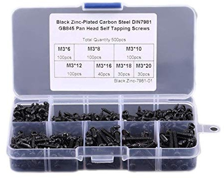 500pcs/Set M3 Black Zinc-Plated Carbon Steel Pan Head Self Tapping Screws, Assortment Drilling Screws with Storage Case, 6mm 8mm 10mm 12mm 16mm 18mm 20mm