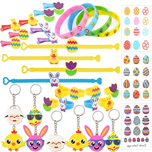 HOWAF 35 Piezas Pascua Regalos para niño, Flor Huevo Polluelo Conejito de Pascua Figuras Pulsera, Llavero, Anillo, Clips de Pelo, Tatuajes para niñas, niños, Relleno Cesta y Bolsas de Pascua