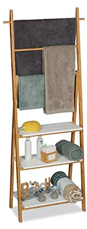 relaxdays Échelle Porte-serviettes, 3 barres, surface rangement, étagère, bambou, MDF, 150x50x30cm, nature blanc, 150 x 50 x 30 cm