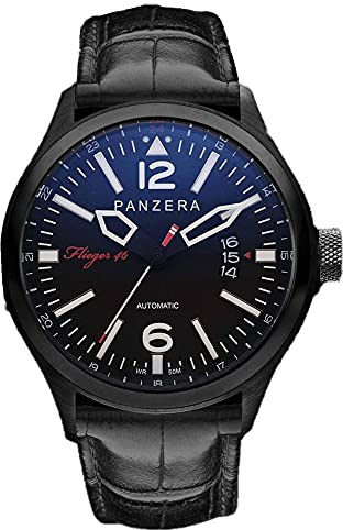 Panzera Flieger 46 Phantom Spirit Automatik Stahl Schwarz IP Leder Datum Herren Uhr