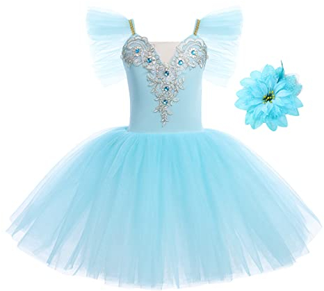 Mädchen Ballettkleid Rüschenärmel Spitze Rock Tütü Balletttrikot + Haarspange Kinder Ballettkleidung Ballettanzug Tanzkleid Tanzbody Skaten Gymnastik Tanzbekleidung Ballerina Kostüm Blau 13-14 Jahre