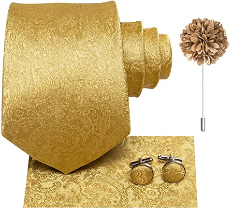 Hi-Tie Silk mäns slips och ficka fyrkantiga manschettknappar pin set Jacquard bröllop affärer slips för formella, Guld a, M