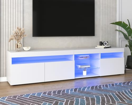 Moimhear Mueble de TV moderno, panel luminoso, iluminación LED variable, salón comedor, 180 cm (blanco)