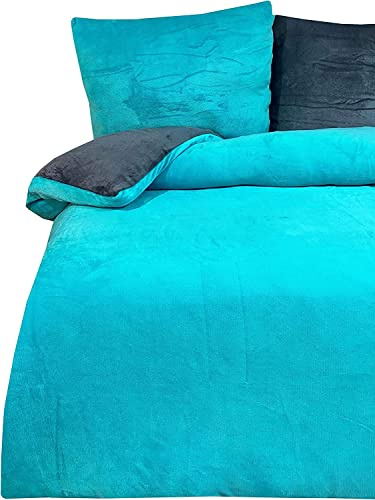 one-home 4 teilig Winter Bettwäsche 135x200 cm Teddy Plüsch Nicki Uni Petrol warm Fleece