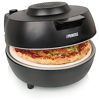 Princess 115005 Horno para pizzas, 30 cm, Piedra especial para pizzas, 2 palas para sacar la pizza del horno, Temperatura (hasta 400 C) y temporizador (15 min.) ajustables, 1200 W