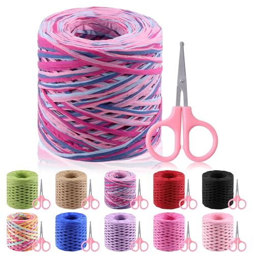 Glarks Lot de 200 m de ruban en raphia coloré avec ciseaux, ruban en raphia coloré pour emballage cadeau, emballage cadeau, fournitures d'artisanat (rose rouge + vert foncé)