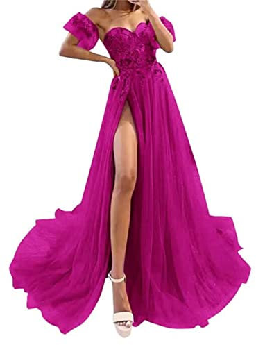 HPPEE Vestidos de baile de graduación, corsé largo, tul con purpurina, manga corta, espalda abierta, vestidos de fiesta para mujeres y jóvenes, fucsia, 34