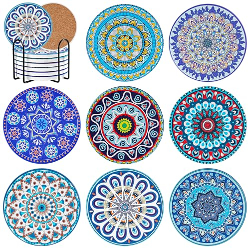 BOENFU Mandala Untersetzer mit Halter 8er Set Keramik Kork Untersetzer für Getränke, Tassen, Bar, Vasen, Kerzen, Küche Wohnzimmer Dekoratio, 10cm