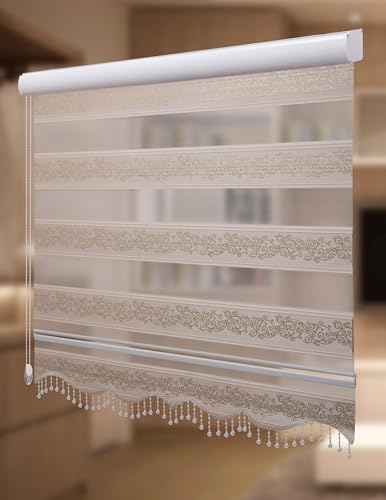 PlisseeOnline Doppelrollo Duorollo mit Alu Kassette und Motiv Rankenmuster und Perlen Breite: 120 cm Höhe: 200 cm Blickdicht Deckenmontage Freihängend Deckenmontage Zebra Perde Mit Motiv Gold/Beige