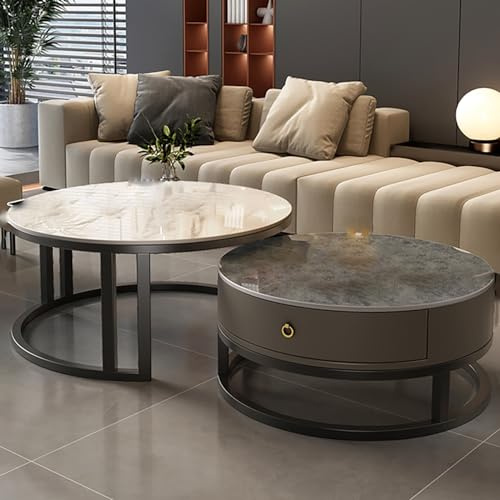 Couchtisch Rund 2er Set,Wohnzimmertisch,Beistelltisch,Wohnzimmertisch mit 1 Stauräume,Wohnzimmer Tisch für Couch,Weiß Marmor Couchtisch mit Schwarz Metallgestell,für Wohnzimmer/Büro(Gray white+black g