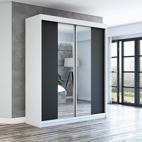 A&J MöbelLand Schwebetürenschrank ELEGANZA Kleiderschrank 2-türig mit Schubladen und Spiegel, Garderobe 180 cm Weiß/schwarz