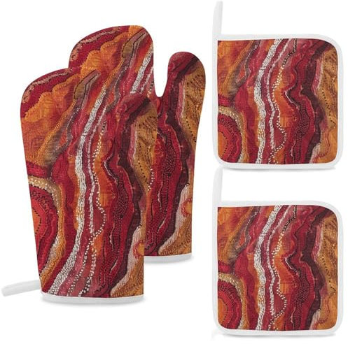 Lot de 4 gants de cuisine et maniques résistants à la chaleur antidérapants - Rouge et orange - Maniques lavables pour la cuisine, la pâtisserie, le barbecue