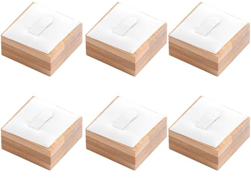 Lot de 6 présentoirs carrés pour bagues avec base en bambou, support à bijoux blanc pour magasins, expositions, salons commerciaux et rangement personnel
