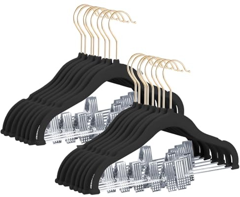 Stormix Perchas para Bebés, 24 Paquetes De Perchas para Pantalones con Pinzas, Perchas De Ropa Antideslizantes De, Perchas Resistentes para Niños para Camisas, Faldas, Vestidos Negro (Gancho de Oro)