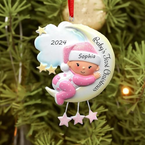 Generic Personalisierte Weihnachtskugeln mit Namen und Datum-Erstes Babys 2025, Personalisierte Mond-Christbaumkugel, Mädchen und Jungen, Rosa
