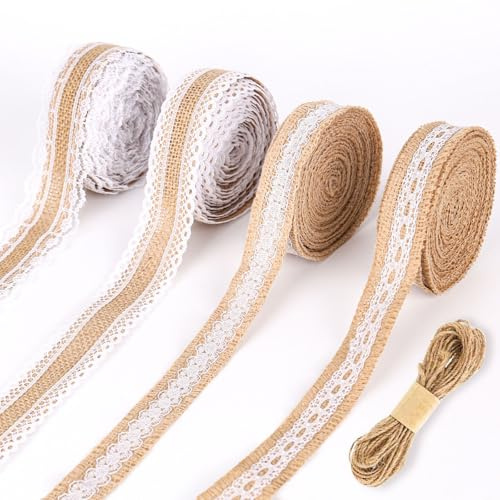 bssmmai Juteband mit Spitze, 5x5M Vintage Juteband Natur Stoffband Jute Rolle Spitzenband für Weihnachten Hochzeitsdeko Tischdeko Glasflasche DIY Handwerk Basteln Party