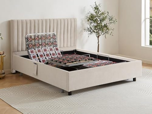 Vente-unique-Dekoratives Bettgestell mit elektrischer Relaxfunktion - 2 x 65 Teller - 2 x 80 x 200 cm - Stoff - Beige - NALU von DREAMEA