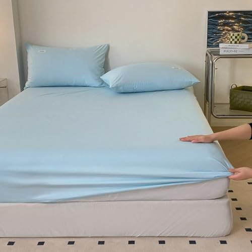 AMDXD Lenzuolo elasticizzato, 200 x 220 cm, con angoli elasticizzati, tinta unita, blu chiaro, comfort per il sonno, in cotone, per letto a molle e letto ad acqua