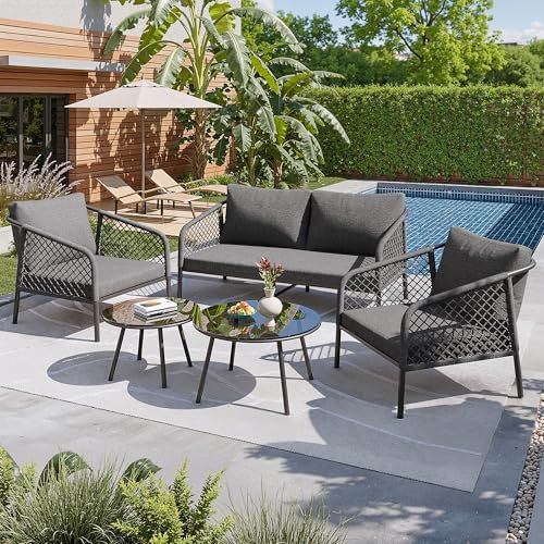 Jtyca Gartenmöbel Set, Balkonmöbel Set aus Seil, Terrassenmöbel mit Tischplatte aus Glattem Glas, Lounge Sofa Outdoor mit Inklusive Aller Sitz und Rückenkissen, Garten Loungemöbel Set, (Grau)