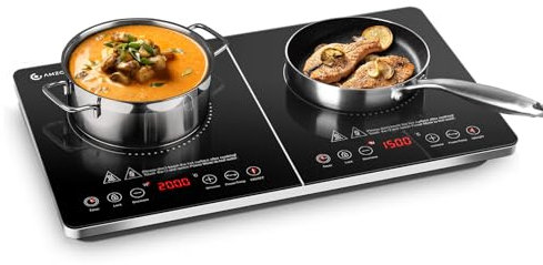 AMZCHEF Placa Inducción 2 Fuegos, Placa de Inducción Portatil 3500W con Controles Independientes, IGBT Mejorado, 20 Niveles de Temperatura, Múltiples Niveles de Potencia, Temporizador de 4 Horas