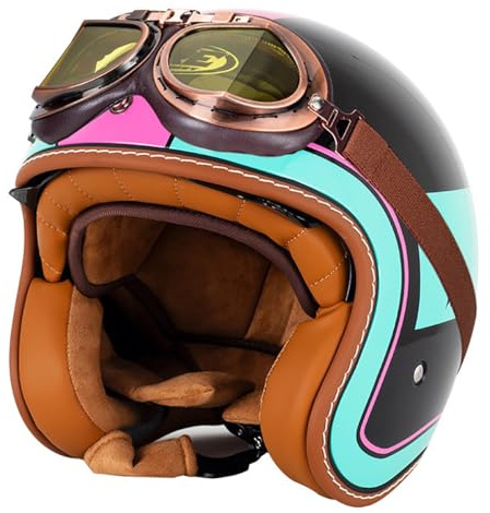 EBAYIN Casque Jet Vintage Ouvert, Casque Bol Scooter 3/4 avec Lunettes Intégrées, Homologué ECE(D,M=57~58cm), DOT, Motocyclette, Scooter, ABS+EPS, Noir