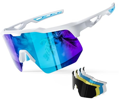 HAAYOT Sonnenbrille-Sportbrille Schnelle-Brille Polarisierte-Fahrradbrille Herren-Damen-Sportbrille, 5-auschbare-Gläser, 99%-UV-Schutz, leichte-TR90-Brille-für Radsport, Weiß & Eisblau