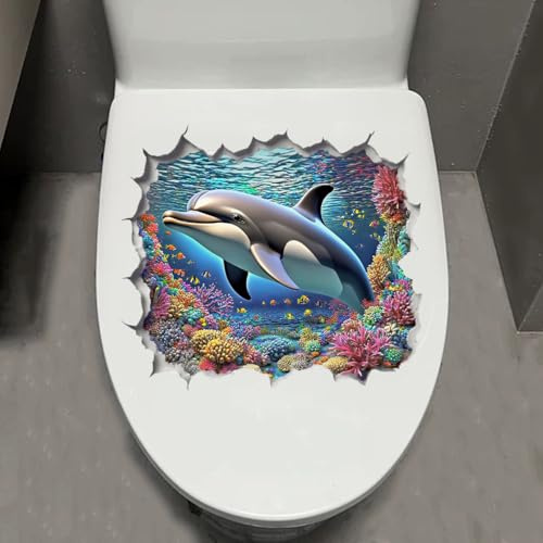 Leniutor 1 autocollant pour abattant de toilettes, motif animaux de l'océan, autocollant imperméable sous la mer pour décoration murale de salle de bain et toilettes (dauphin)